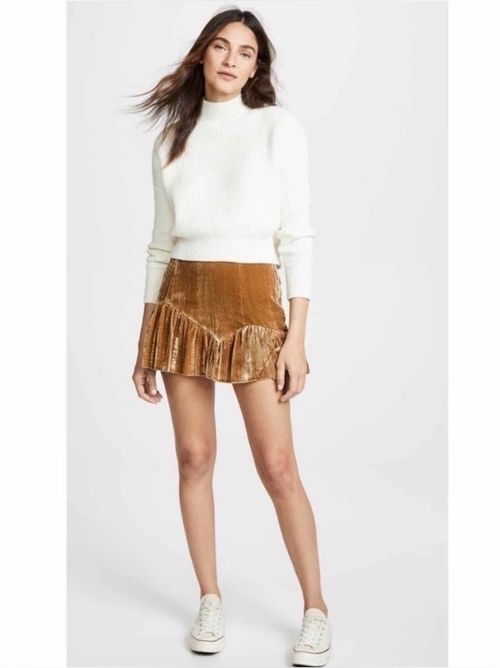 NWT New LoveShackFancy Eliza Gold/Brown Beige Velvet Micro Ruffle Mini Skirt